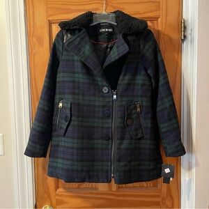 Steve Madden Plaid Peacoat with Faux Shearling Collar NWT